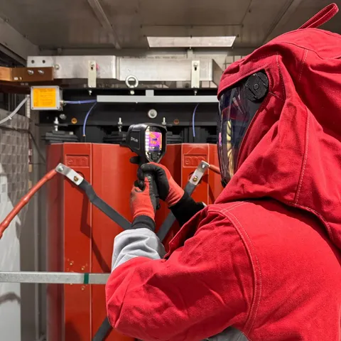 Técnico de Delta realizando termografía en transformador